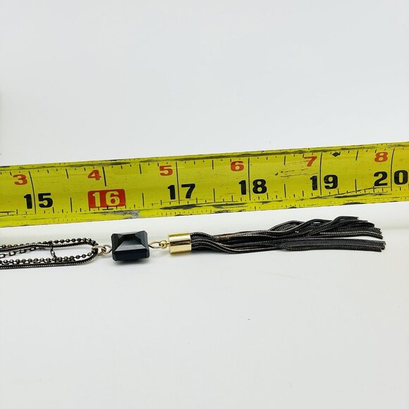 Long Layered Chain Necklace Black Beads Brass Tone Tassel Signed LOFT OUTLET - Picture 7 of 8